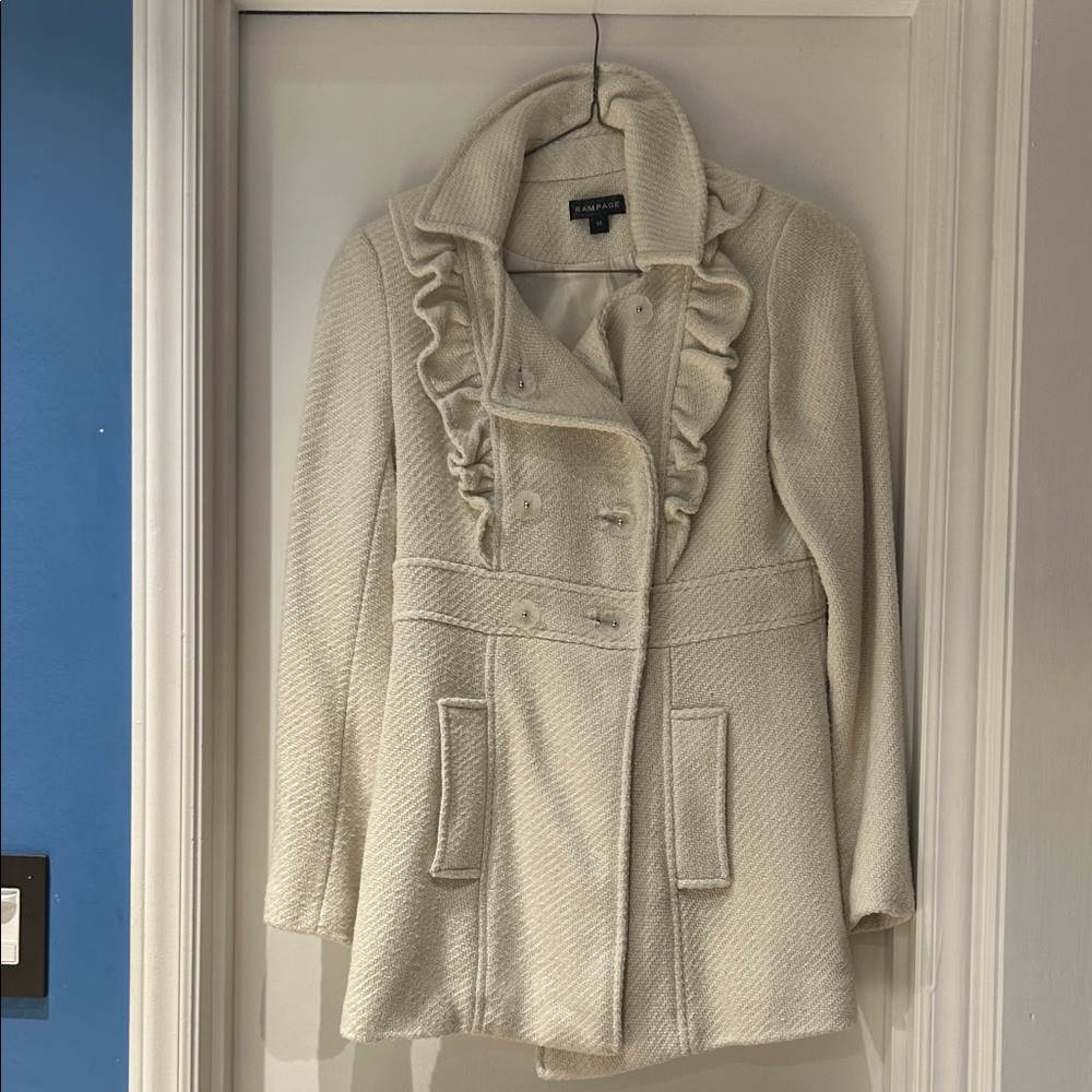 Calvin Klein Women's Ivory Ruffle Pea Coat